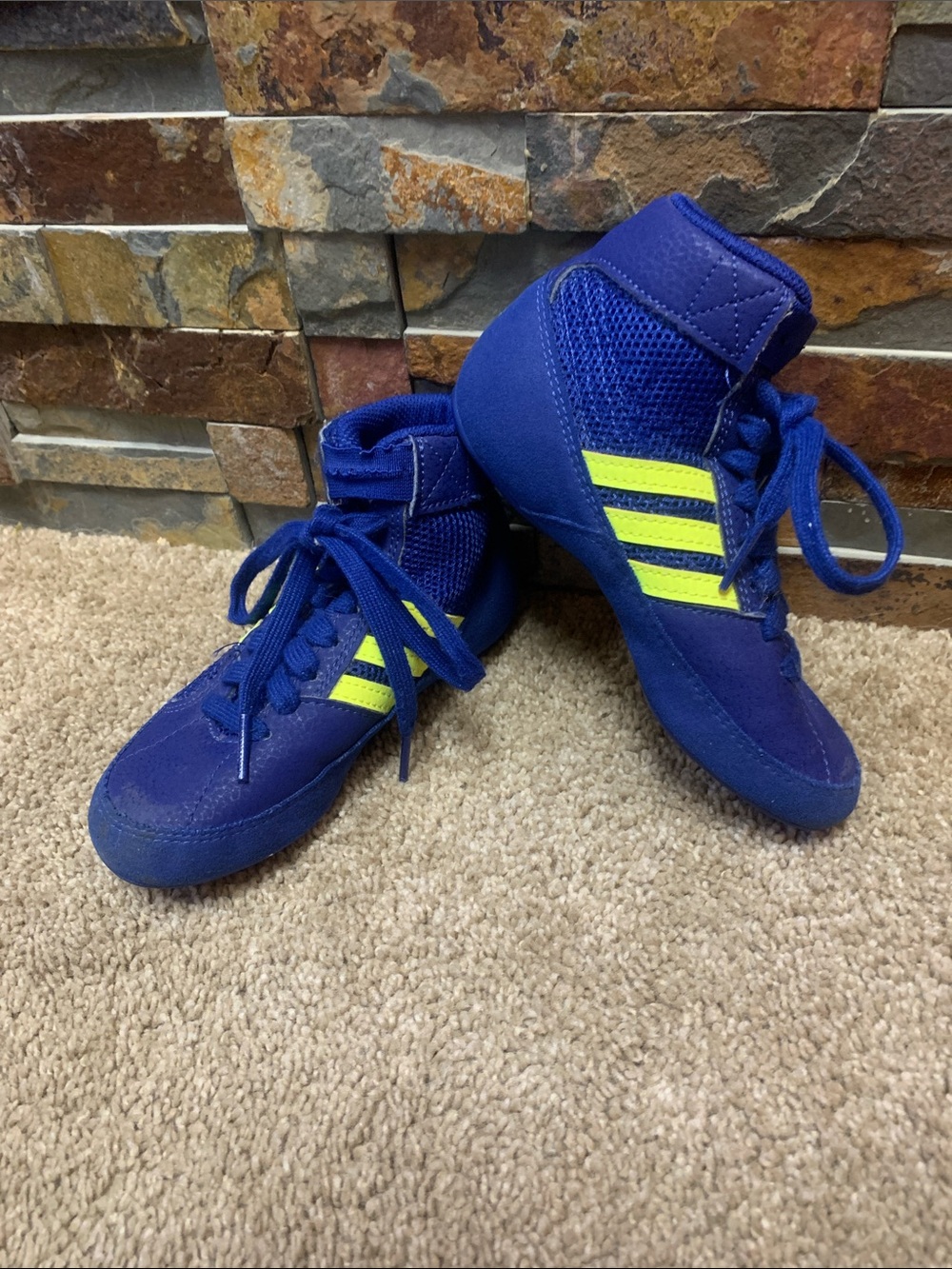 Adidas Blue High-Top Athletic wrestling Shoes with Neon Yellow Stripes